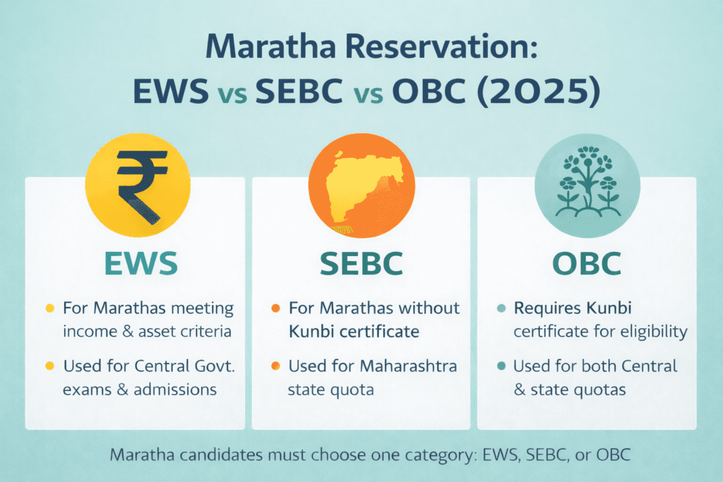 Maratha reservation explained showing EWS SEBC and OBC categories for Maharashtra and Central government in 2025