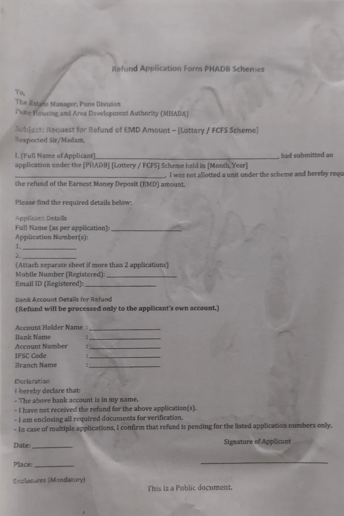 Application Form for getting MHADA REFUND