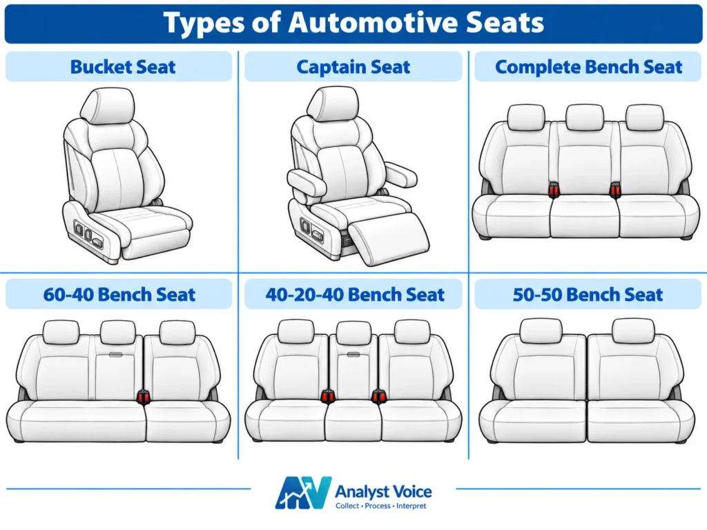 Illustration showing different types of automotive bench seats, including a complete bench seat and split bench seat configurations such as 60–40%, 40–20–40% and 50–50%.
