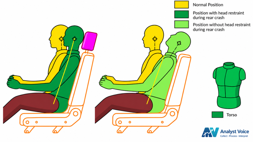 This image shows how head restraint work by restraining rear displacement of head in the case of rear crash and shows what happens if we don't have head restraint